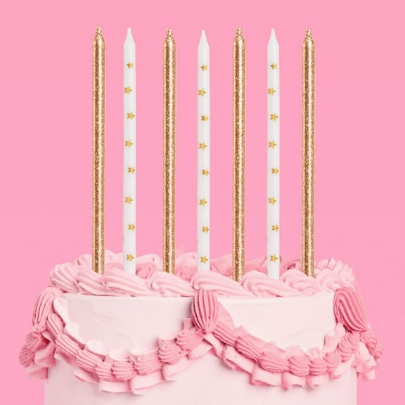 xo, Fetti Gold Glitter Star Cake Candles, Tall Thin - 10 Pcs | Birthday Party Supplies, Bachelorette Cake Decor, Cupcake Topper, Fun Dessert Decorations