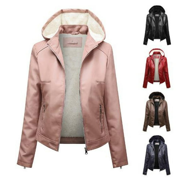 Patlollav Womens Fashion Winter Coats Casual Hooded Zipper Long Sleeve Solid Color Leather Jackets