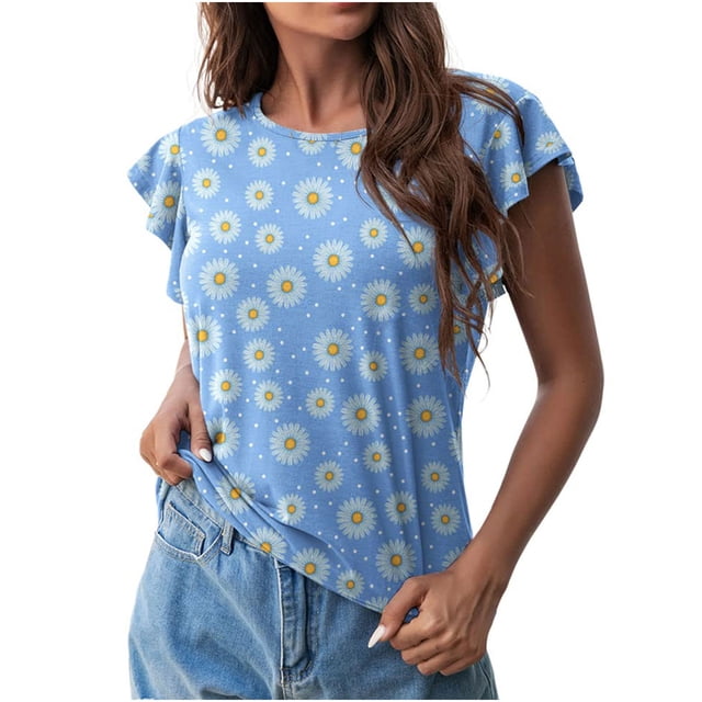 Camiseta de manga corta con volantes y cuello redondo con estampado informal a la moda para mujer Pompotops hkajfhjk464276