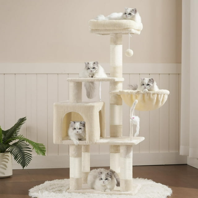 Árbol para Gatos Heybly HCT004SM Beige con Plataforma Acolchada y Juguete de Peluche