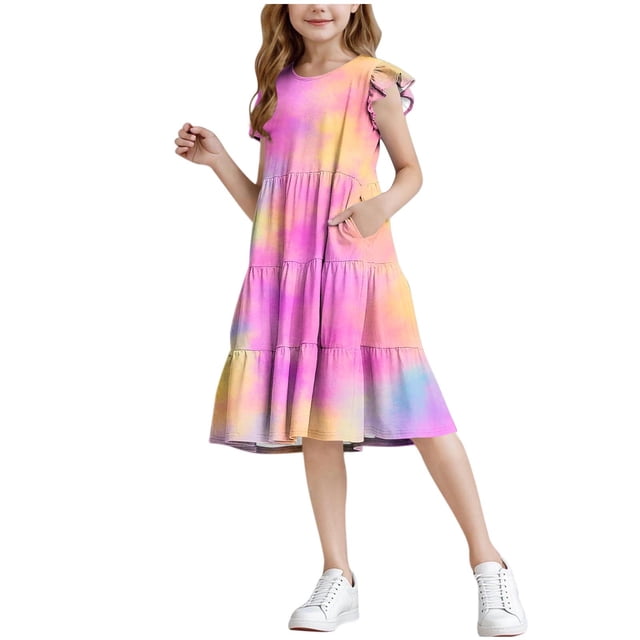 ZACPNCV Robe Fille Manches à Volants à Étages Évasée Ligne A Mignonne Midi Décontractée Robe d'Été Rose Vif 11-12 Ans