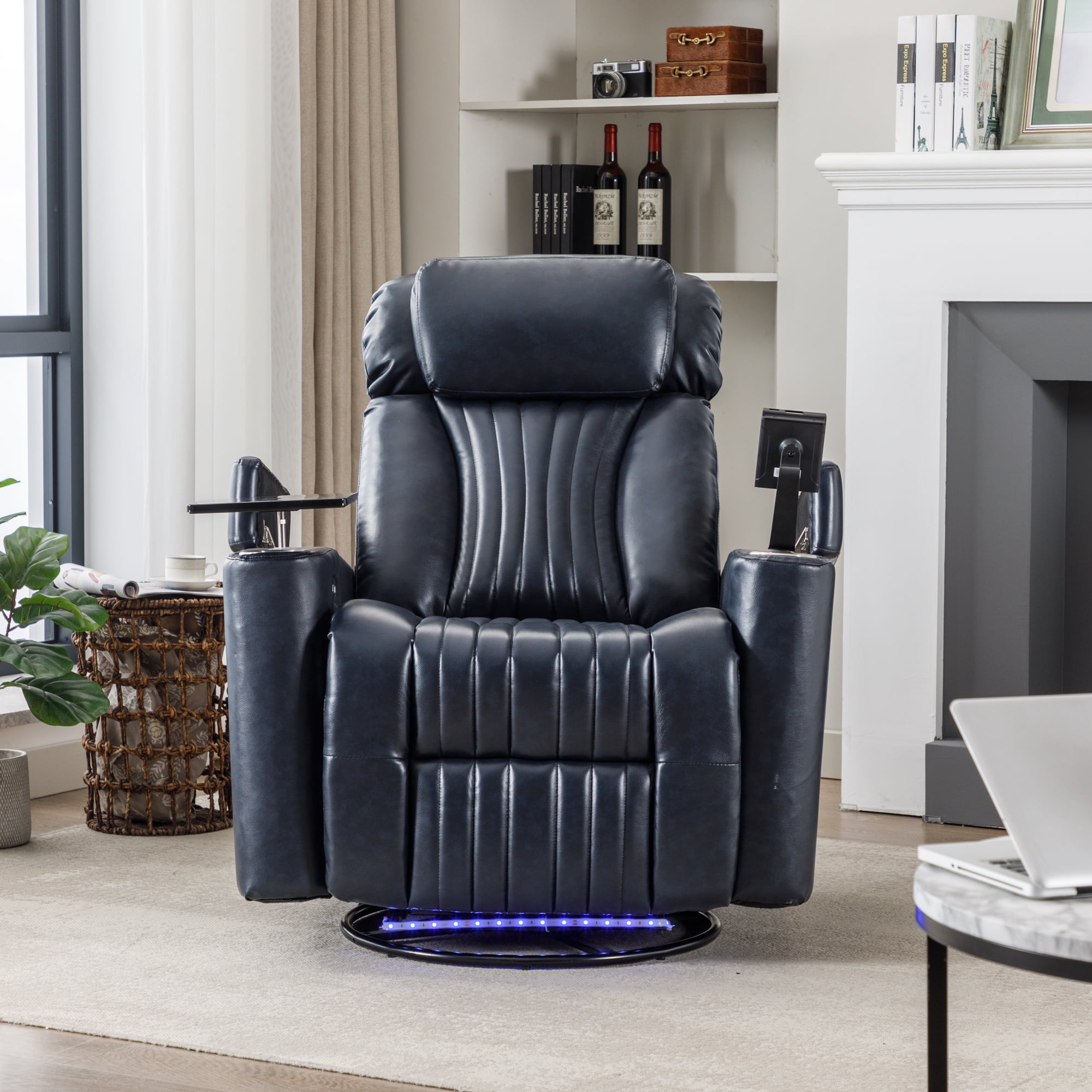 EUROCO Overstuffed Electric Home Theater Seating ,PU Leather 270°Power Swivel Recliner with Hidden Arm Storage, LED Light Strip,Cup Holder,360° Swivel Tray Table,and Cell Phone Holder for Living Room