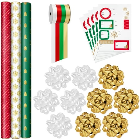 hallmark red green gold christmas wrapping paper set (90 sq. ft. ttl 10 bows 4 ribbon colors 40 gift tag stickers) stripes snowflakes trees