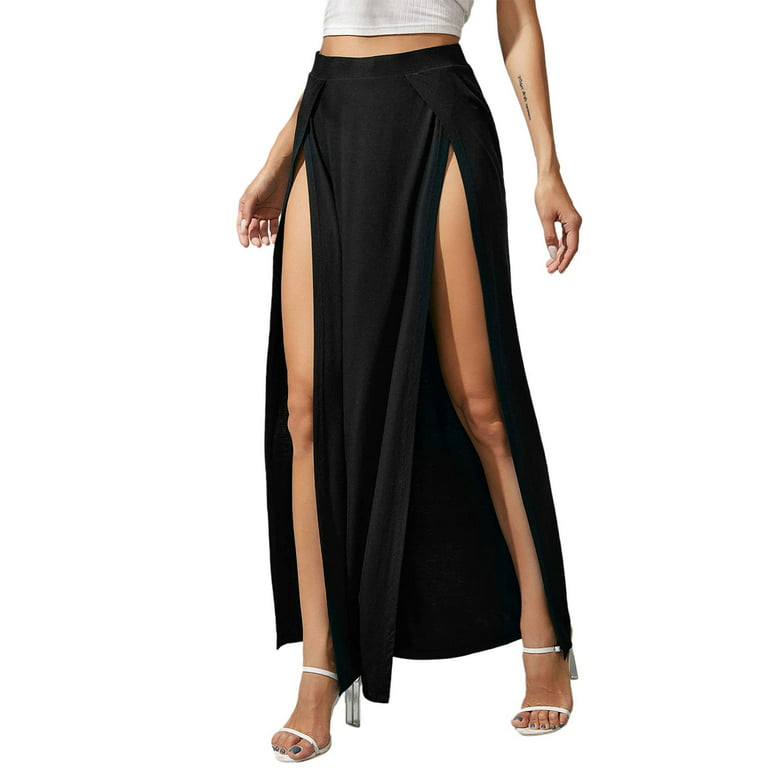 Women's High Slit Flowy Long Dress High Waist Stretch Double Slit Skirt  Casual Beach Skirt