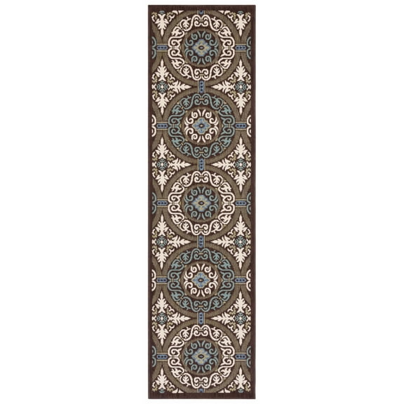 SAFAVIEH Veranda Durga Geometric Indoor/Outdoor Runner Rug, Chocolate/Cream, 2'3" x 8'