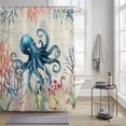 thumbnail image 3 of Sea Octopus Shower Curtain, Vintage Watercolor Ocean Animals Corals Seaweed Newspaper Texture Waterproof Shower Curtain Set with 12 Hooks Lightweight Bath Curtains Fabric Bathroom Decor 72x84 Inches, 3 of 9