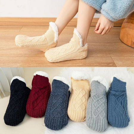 

TureClos Indoor Floor Non-slip Thermal Socks Fleece Lined Anti Slip Socks Slipper Fluffy Socks for Women Men Heat Holding Sock Knitted