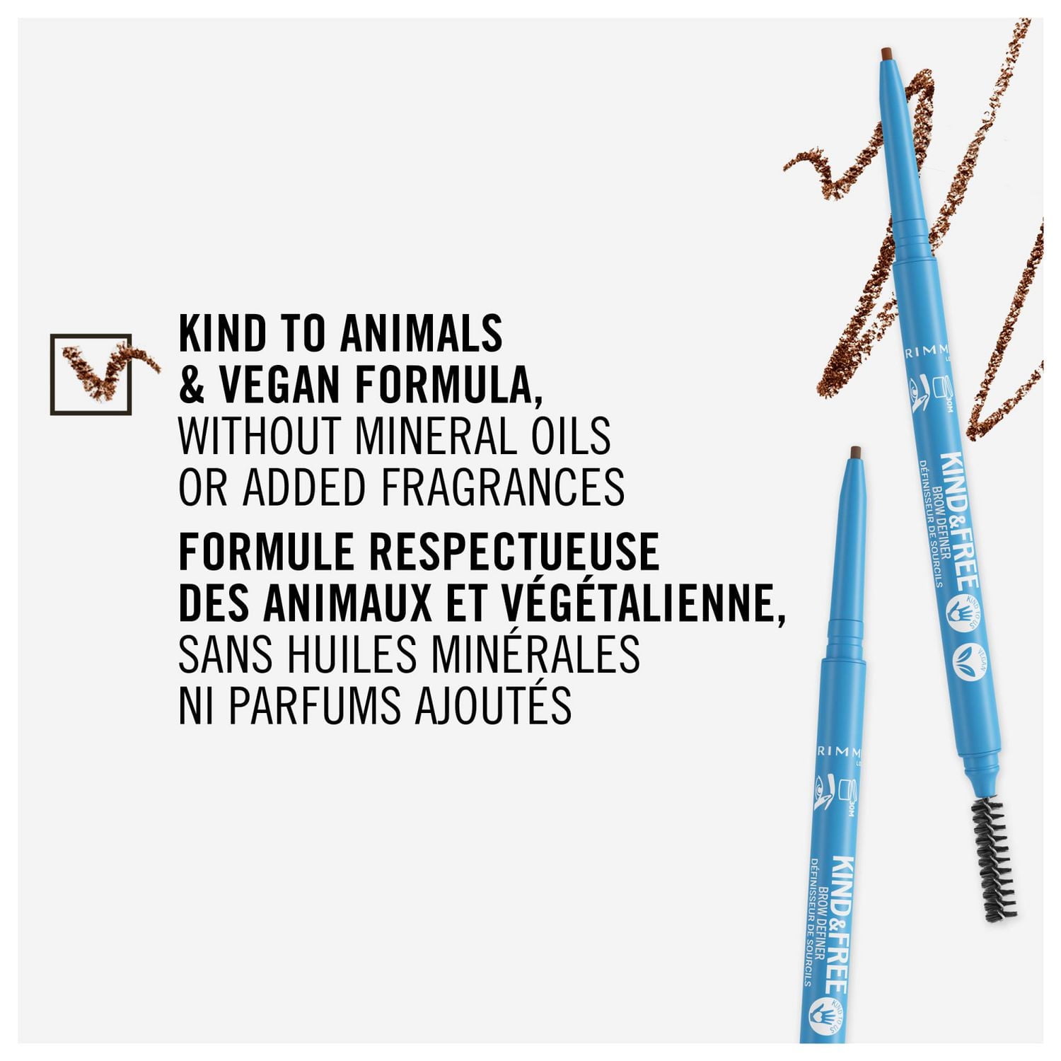 Rimmel Kind & Free™ Brow Definer, Dual Ended Ultra Fine Tip and Spoolie, NO mineral oils, Vegan Formula, Bold yet natural looking eyebrows