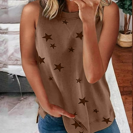 

FREE SHIPPING-camisole Women s Fashion Casual Round Neck Star Print Multi-Color Loose Undershirt Tops nightgowns for women lingerie valentines day birthday gifts Brown