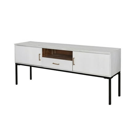 72 Inch TV Media Entertainment Console, 2 Doors, White Wood, Black Iron