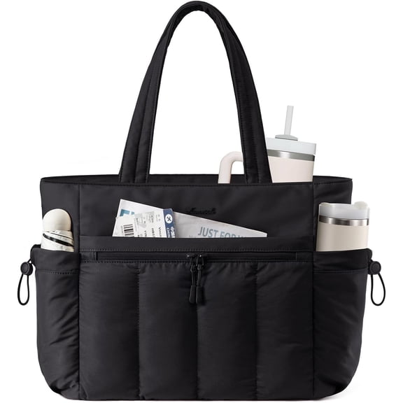 LOVEVOOK Puffer Tote Bag for Women with Stanley Cup Holder, Lightweight Work Tote, Teacher Nurse Bag for Office, Daily, Gift