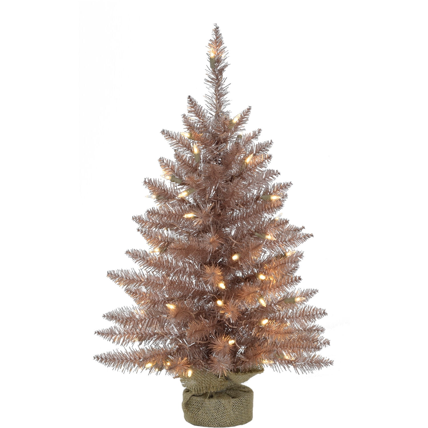 Fraser Hill Farm 3-ft. Festive Tinsel Christmas Tree with Burlap Bag and Warm White LED Lights, Blush, FFFT036-5BLS
