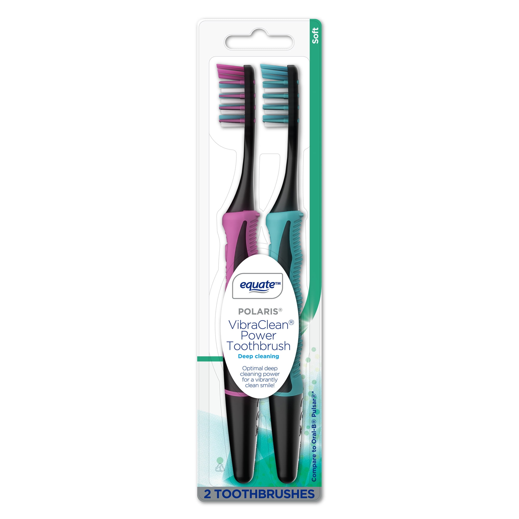 Equate Polaris Deep Cleaning VibraClean Vibrating Toothbrush, Soft, 2 Count