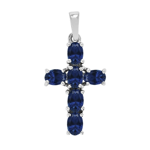 6X4mm Oval Blue Sapphire Cz 925 Sterling Silver Women Religious Cross Pendant Birthday Gifts Jewelry
