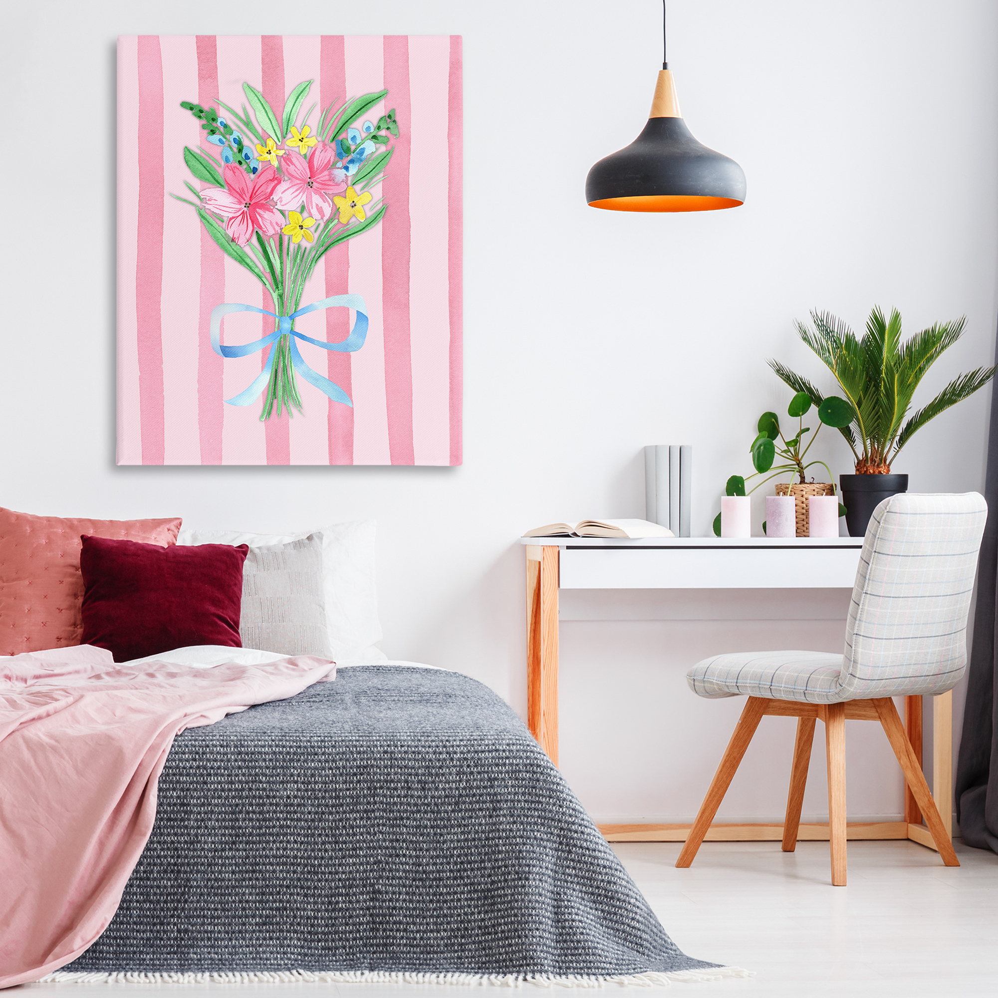 Spring Bouquet & Bow Stripes Canvas Wall Art, design by Nina Jacobs