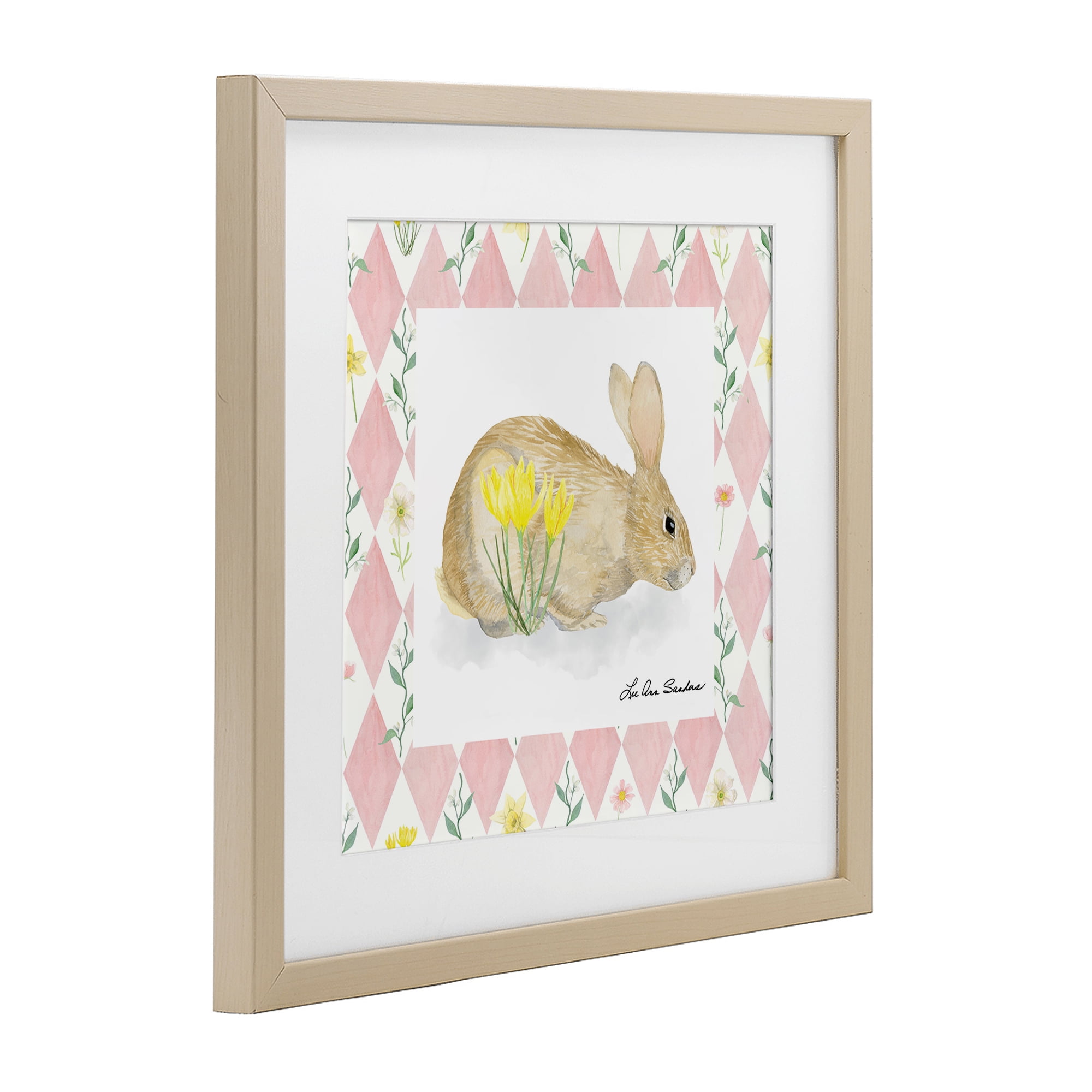 Buttercup Bunny on Pink Argyle Birch Framed Print Under Glass, design by Lee Ann Sanders