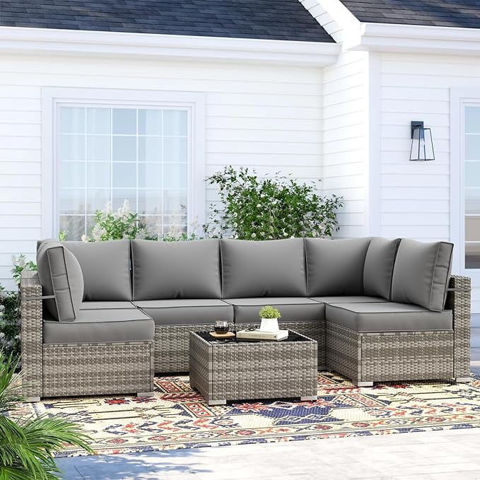 UDPATIO Patio Furniture Sets, Modular Rattan Outdoor Patio Sectional Furniture Sofa Set, Wicker Patio Conversation Set for Backyard, Deck w/Coffee Table, 7PC Grey/Blue (Include Sofa Cover)