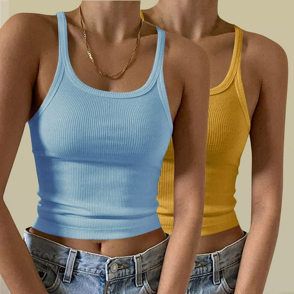 QUINDOS Womens Tank Tops Athletic 2 Pack Summer Ribbed Womens Camisoles Crew Neck Spaghetti Strap Exercise MultiPack Sleeveless Shirts Tops Slim Fitted Solid Color Undershirts