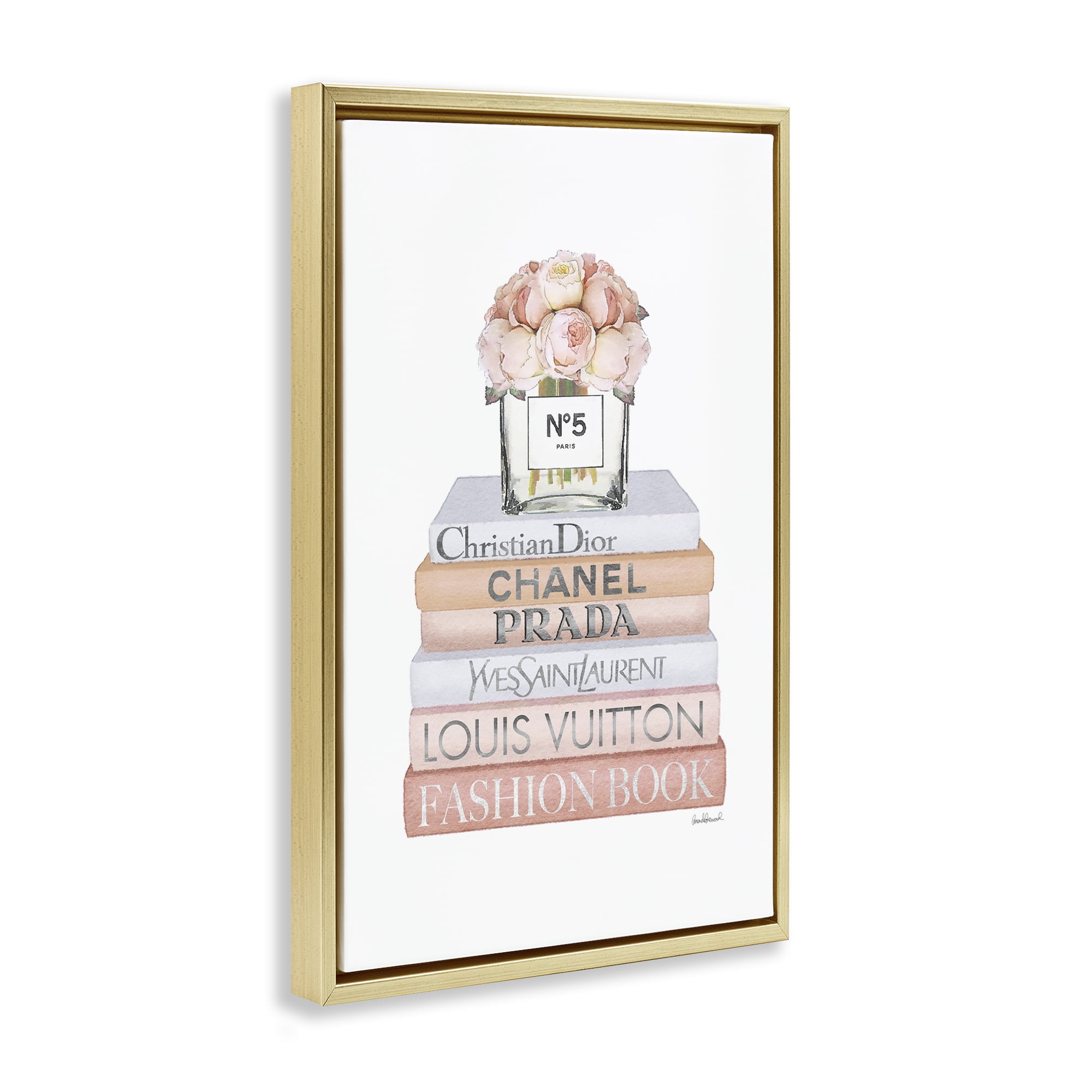 Stupell Industries Glam Bookstack & Flowers Botanical & Floral Painting Gold Floater Framed Art Print Wall Art, 21 x 31