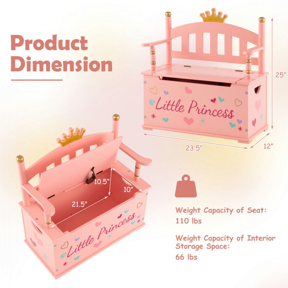 Resenkos 2-In-1 Kids Princess Wooden Toy Box with Safe Hinged Lid-Pink, Kids Toy Storage for Kids, Boys, Girls, Nursery