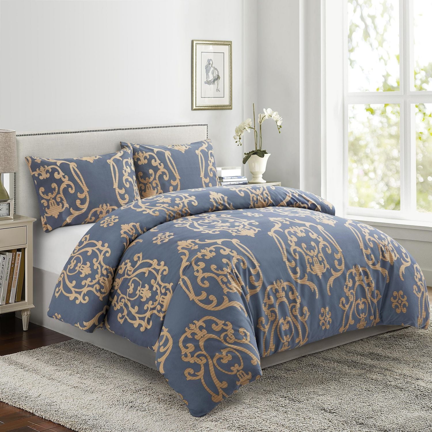 Marina Decoration Soft Silky Rich Printed Rayon from Bamboo All Season Duvet Cover Fitted Sheet Ensemble Bedding Set with Zipper and Corner Tie, Gold Damask Navy Blue Pattern
