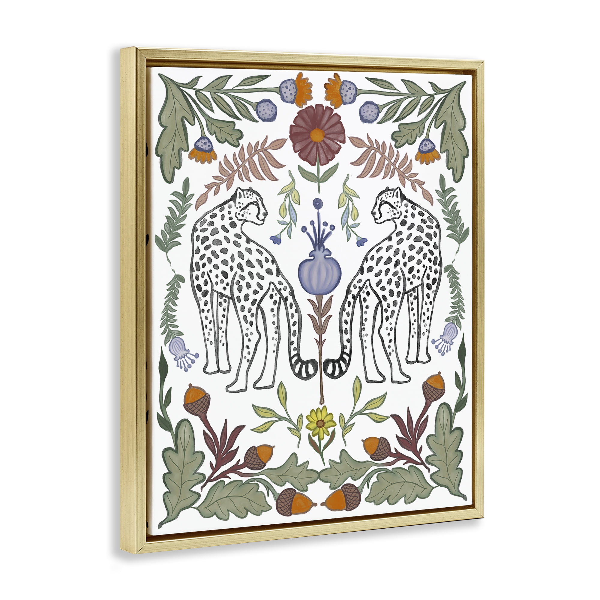 Stupell Industries Mirrored Plants with Leopards Animals Painting Gold Floater Framed Canvas Art Print Wall Art, 17 x 21