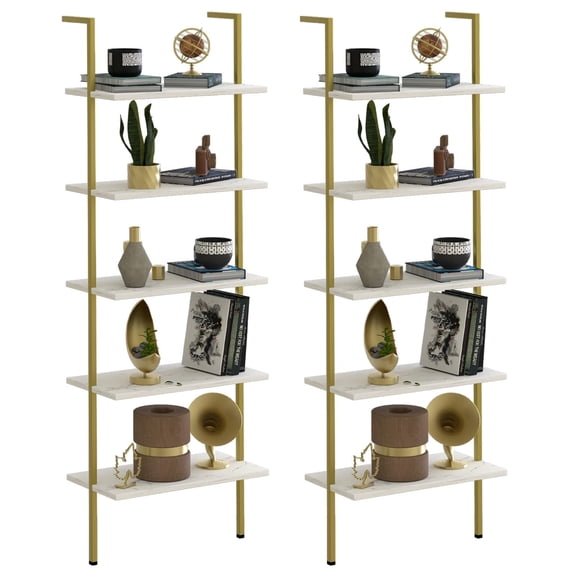 Ladder Shelf 2PCS White Marble Bookshelf 5-Tier Wall-Mounted Wood Rack Open Industrial Modern Plant Flower Stand Utility Organizer Bookcase Metal Frame Furniture Office Kitchen Bedroom