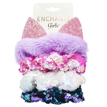 Enchante Accessories Sequin & Faux Fur Cat Ear Hair Scrunchie Hair Ties, Assorted Colors, 4 Ct