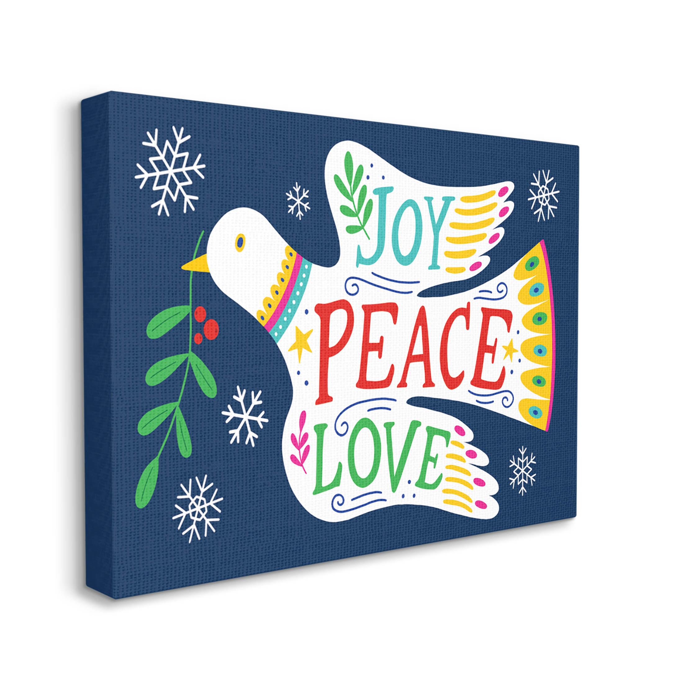 Joy Peace Love Dove Holly Sprig Holiday Graphic Art Gallery Wrapped Canvas Print Wall Art