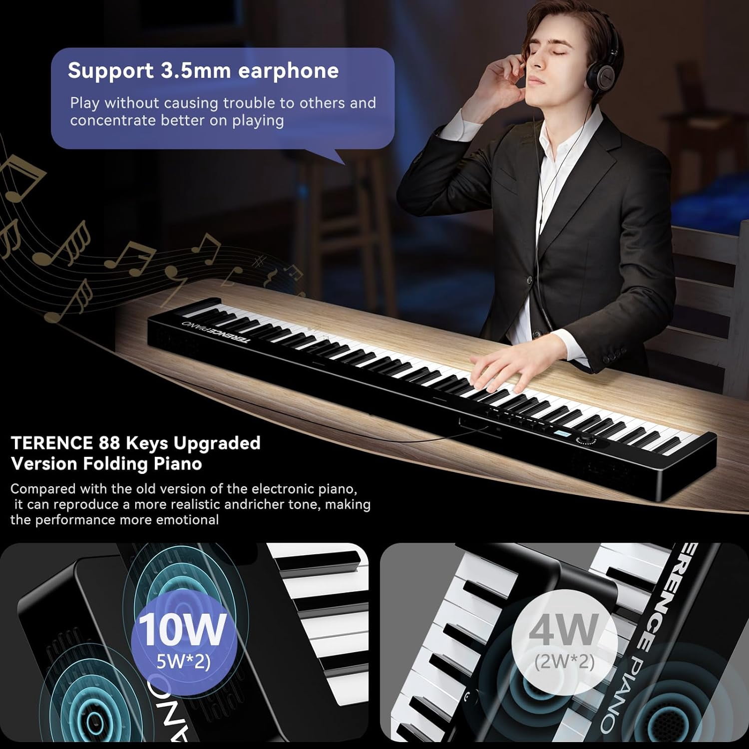 Terence 88-Key Semi-Weighted Folding Portable Electronic Piano with Bluetooth, LCD Screen, Speakers, 2X5W Speakers