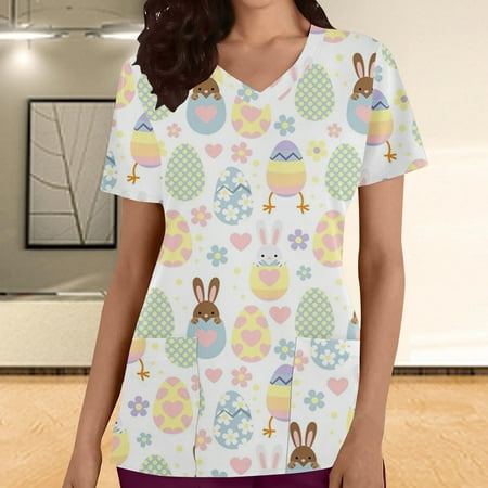 

Womens Easter Nursing Scrub Tops Summer Clearance Women s Casual T-Shirt Short Sleeve V-neck Tops Working Uniform Easter Print With Pocket Workwear Blouse