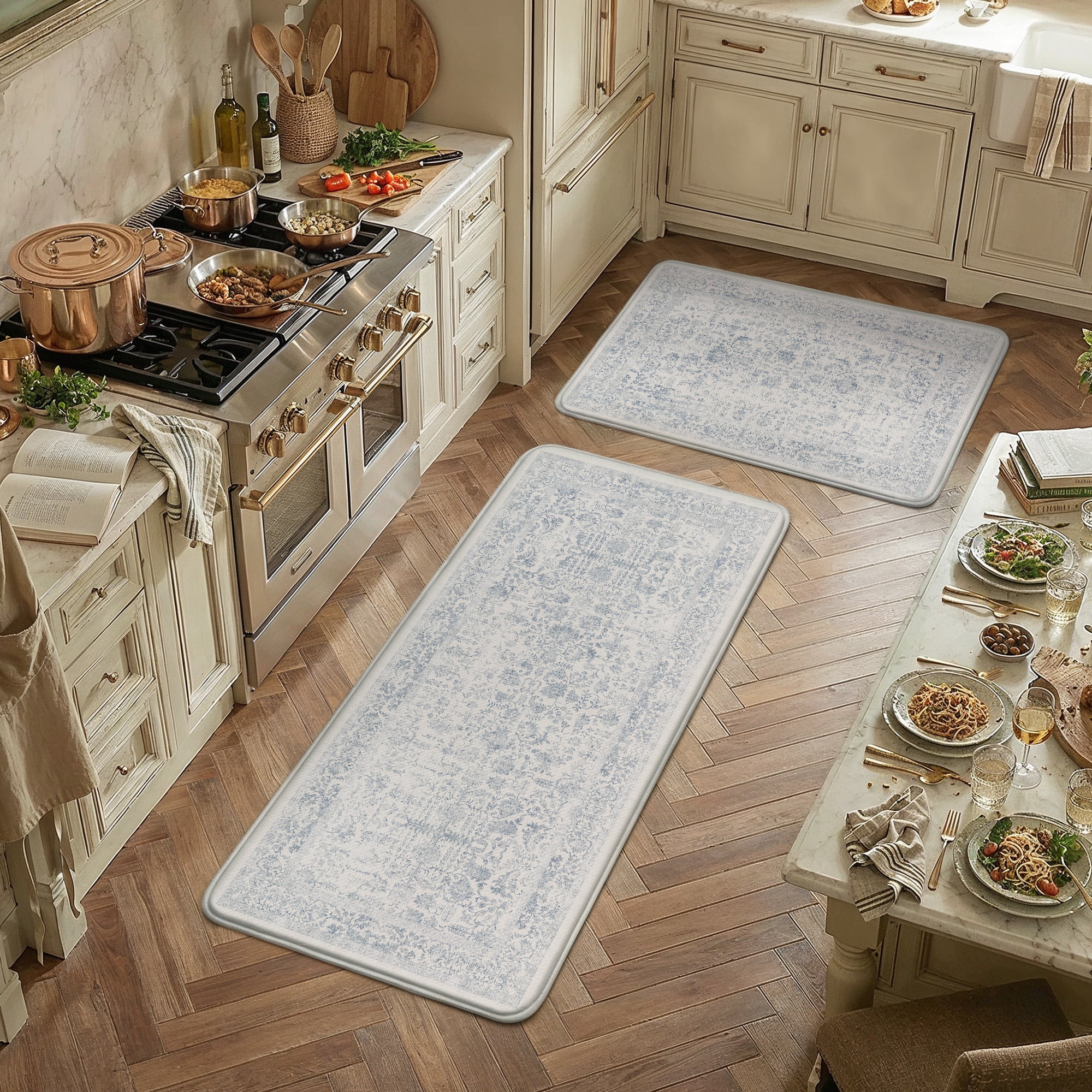 BERTHMEER Kitchen Rugs for Floor 2 Piece, 17.3"x30"+17.3"x47" Anti Fatigue Waterproof Blue Kitchen Mats, Non Slip Comfort Standing Mat Rug for Home, Sink, Laundry, Blue