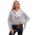 thumbnail image 4 of Haitryli Women Sequin Fringe Jacket Shiny Disco Cowgirl Outfit 90s Streetwear Jacket Glitter Tassel Silver XL, 4 of 7
