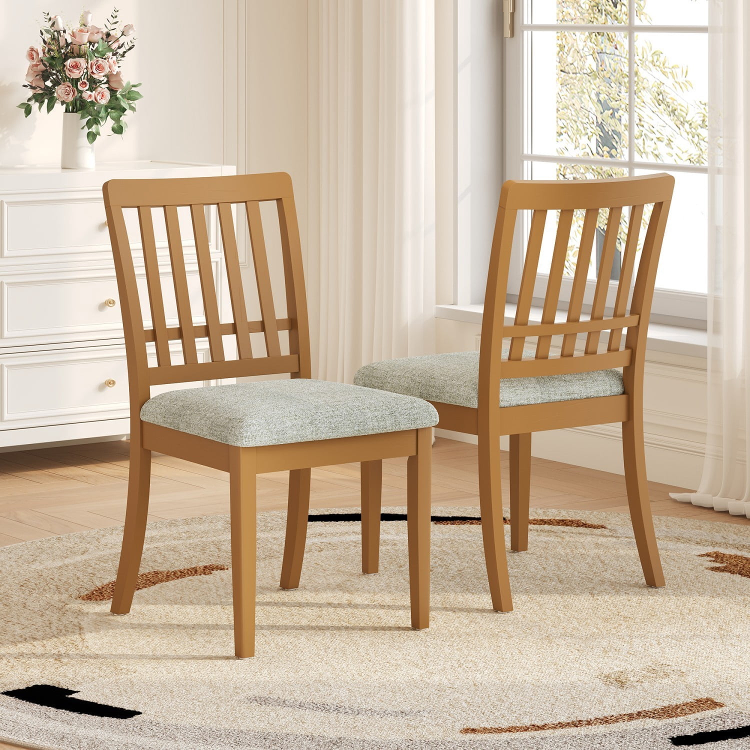 Modern Scandinavian Dining Chairs Set of 2 Curved Wood Backrest Fabric Seat Rubber Wood Frame Kitchen Chairs for Dining Room Apartment, Light Brown