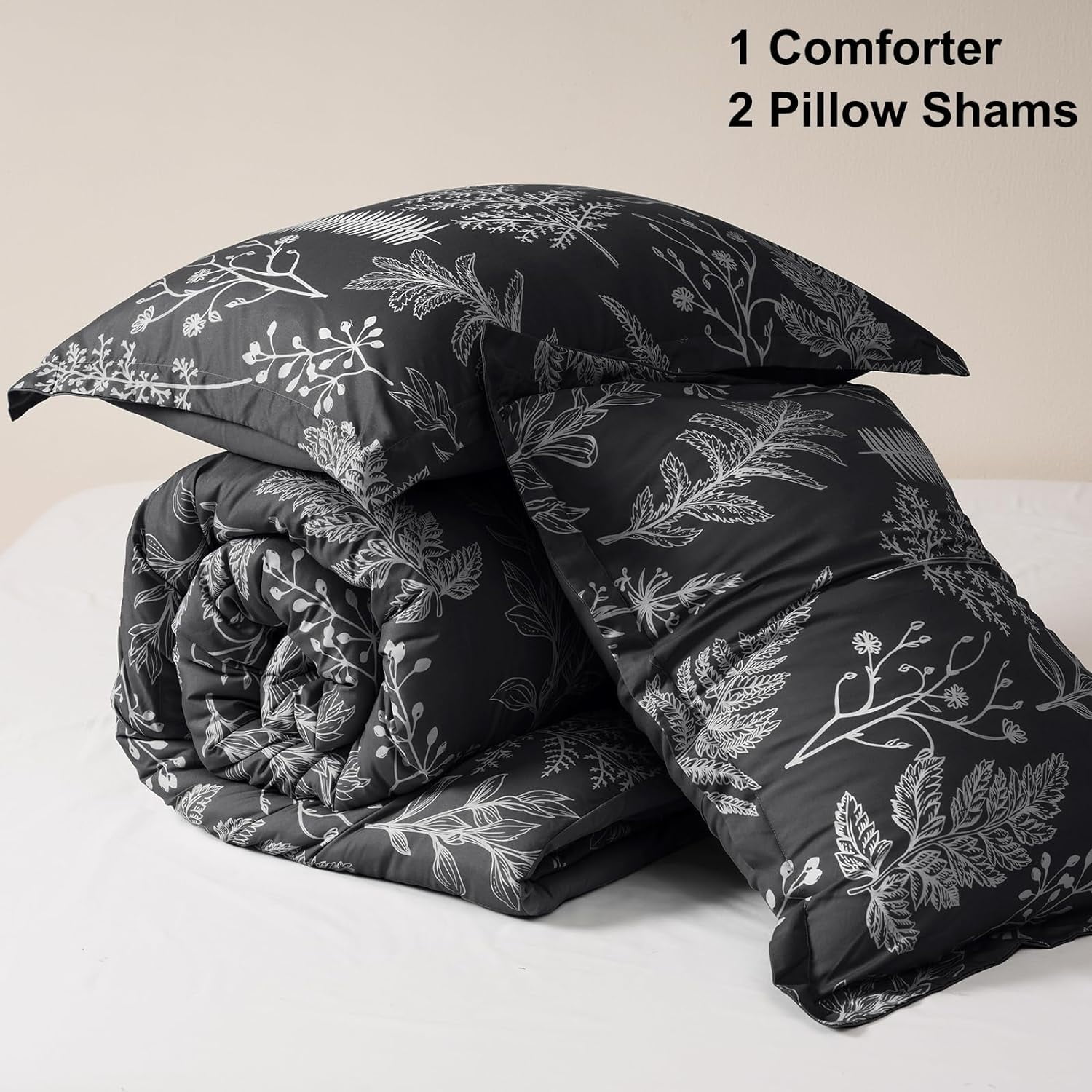 PHF 3 Pieces Printed Comforter Set Queen Size, Lightweight Botanical Floral Bed in a Bag, Ultra Soft Bedding Set with 1 Reversible Comforter and 2 Pillow Shams, Black