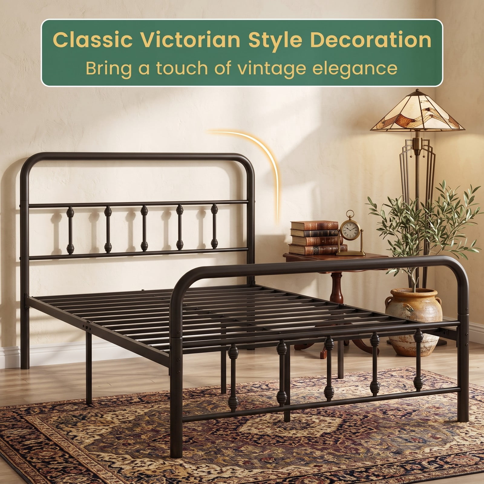 Furnibear King Size Bed Frame with Storage, Metal Platform Bed Frame with Vintage Spindle Headboard and Footboard, No Box Spring, Black