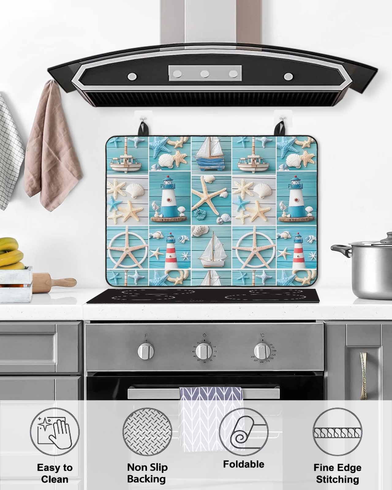 nqOlkjepod Large Induction Cooktop Protector Mat 24"x21", Nautical Beach Stove Top Covers for Electric Stove, Blue Coastal Starfish Lighthouse Starfish Stove Burner Cover Mats, Glass Top Stove Cover