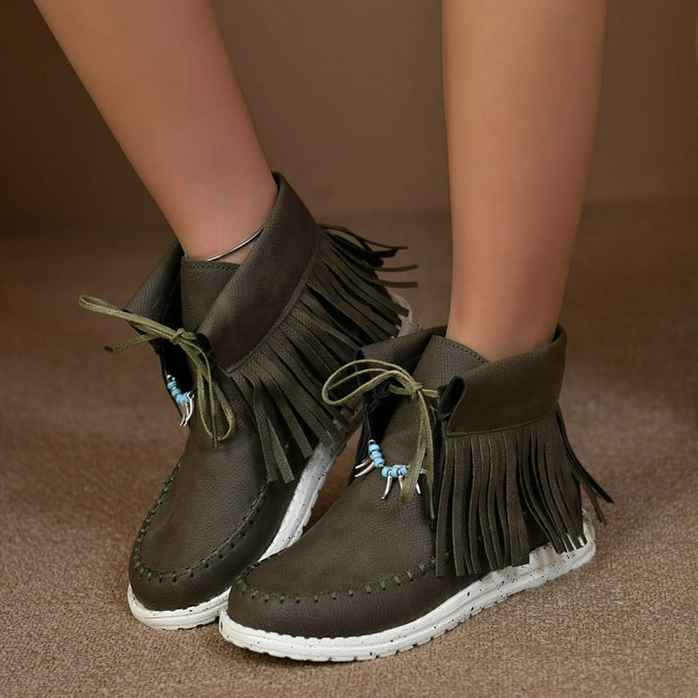 DVKOVI Walking Shoes Women Dressy Womens Leather Shoes Ankle Boots Women s Fashion High Top Round Head Tassel Lace Up Casual Shoes Non Slip Casual