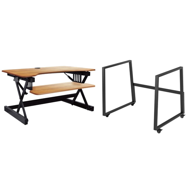 Rocelco 40" Large Height Adjustable Standing Desk BUNDLE - Quick Sit Stand Up Dual Monitor Riser - Gas Spring Assist Computer Workstation - Retractable Keyboard Tray - Teak Wood Grain