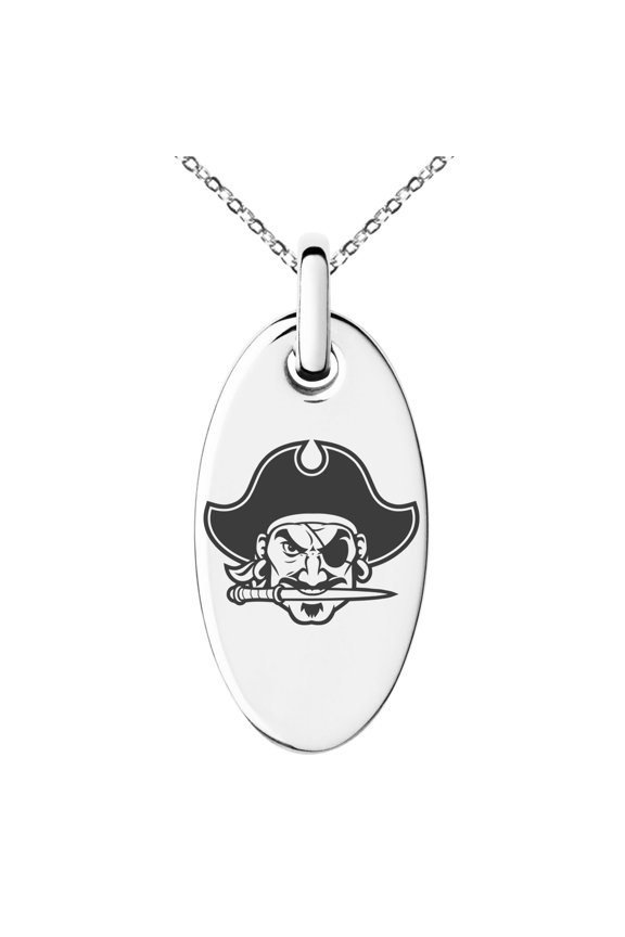 Stainless Steel Buccaneer Privateer Pirate Engraved Small Oval Charm Pendant Necklace