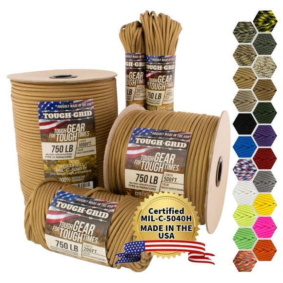 TOUGH-GRID Premium Grizzly Brown Paracord 750 lbs 100Ft Made in USA Outdoor Survival Nylon Rope Tactical Heavy Duty Strands Parachute Cord Used by US Military Type IV Mil-Spec