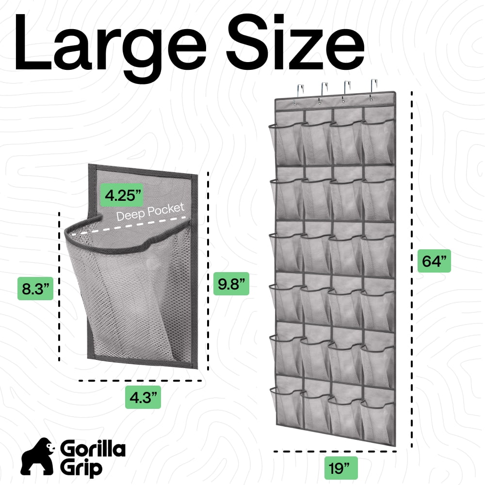 GORILLA GRIP 24 Pocket Over the Door Shoe Organizer, Mesh Pockets, Up to 40 Pounds, Hang on Doors, Gray Dark Gray Trim