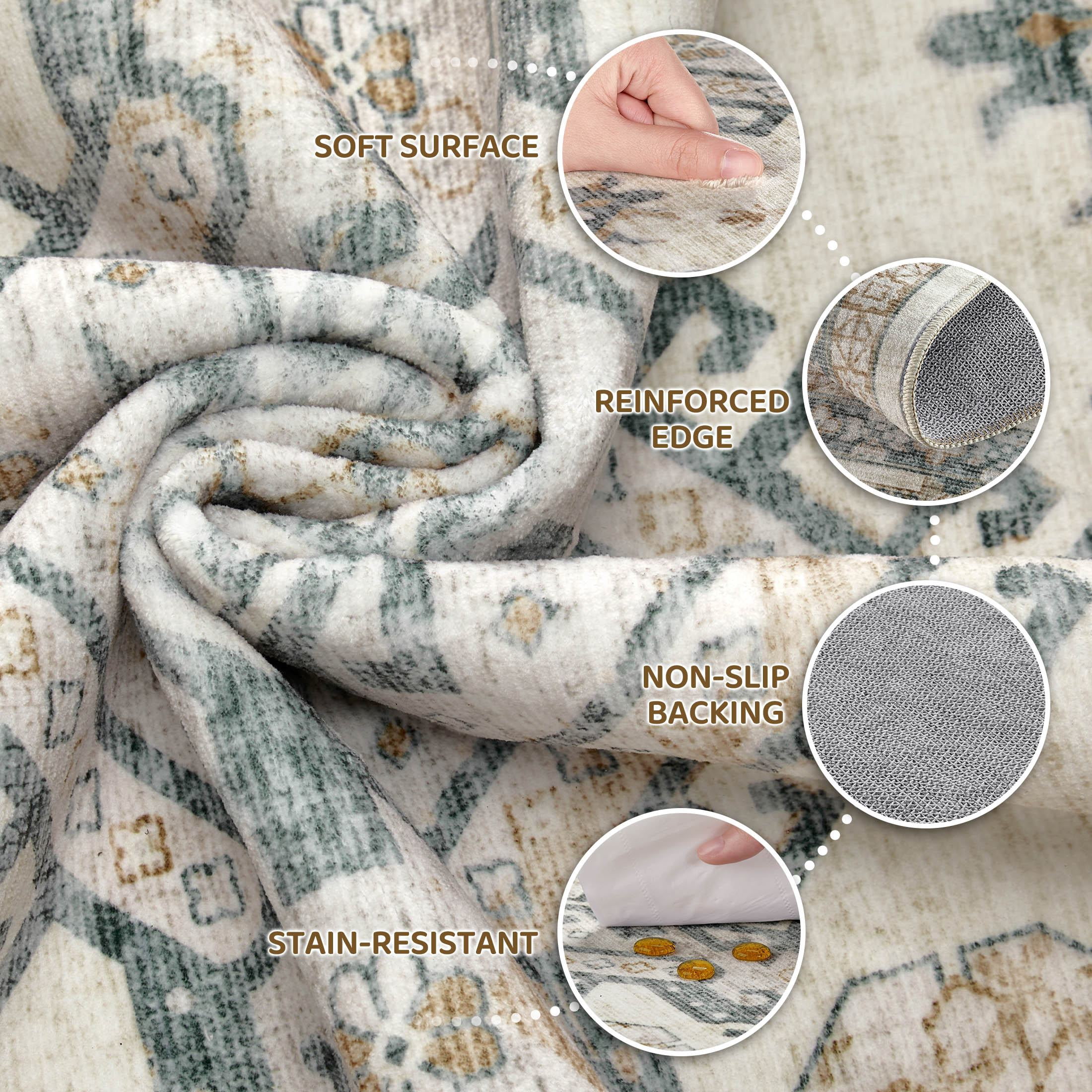 UERMEI 9'x12' Washable Area Rugs for Living Room, Modern and Vintage Non Slip Carpet, Low Pile Indoor Rug for Bedroom Home Decor Carpets, Beige Green