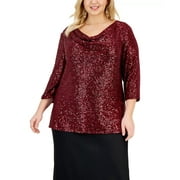 Alex Evenings Women's Red Sequined Cowl Neck Blouse Tunic Top Plus 1X