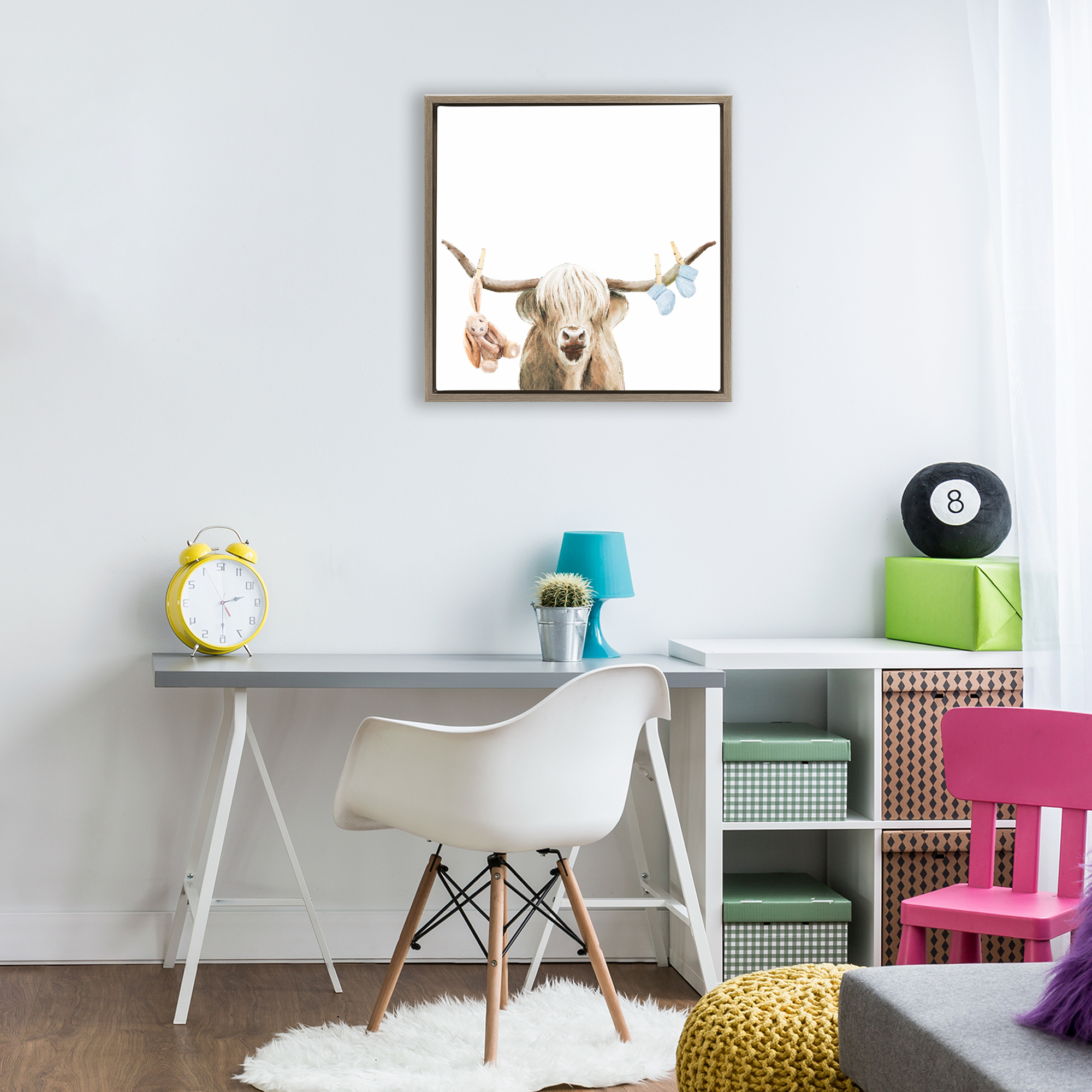 Highland Cow Baby Boy Brown Framed Floater Canvas Wall Art, design by Ali Lynne