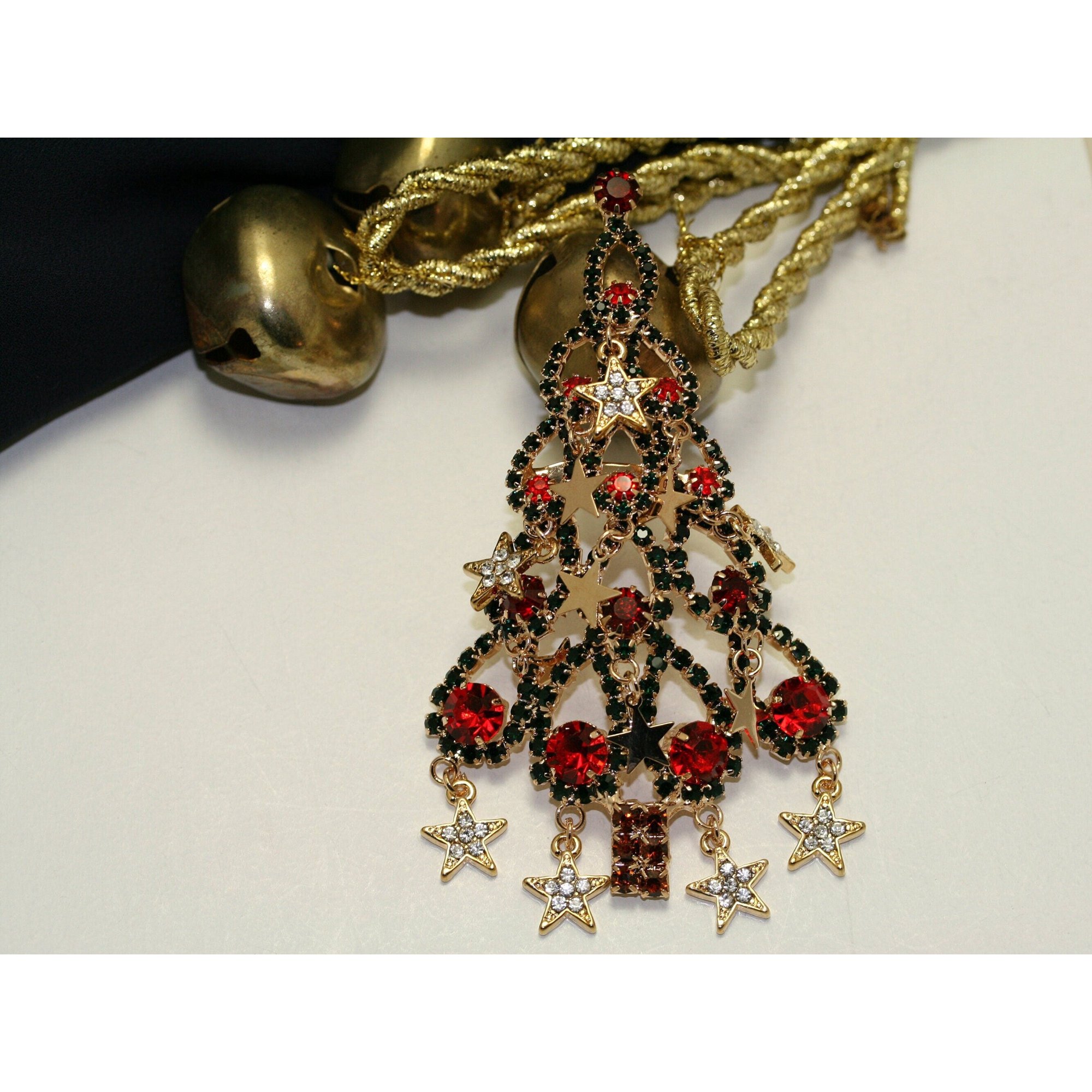 Large Rhinestone Christmas Tree Brooch Dangle Star Ornaments Crystal Red Green, Crystal Xmas tree Holiday Jewelry Gift