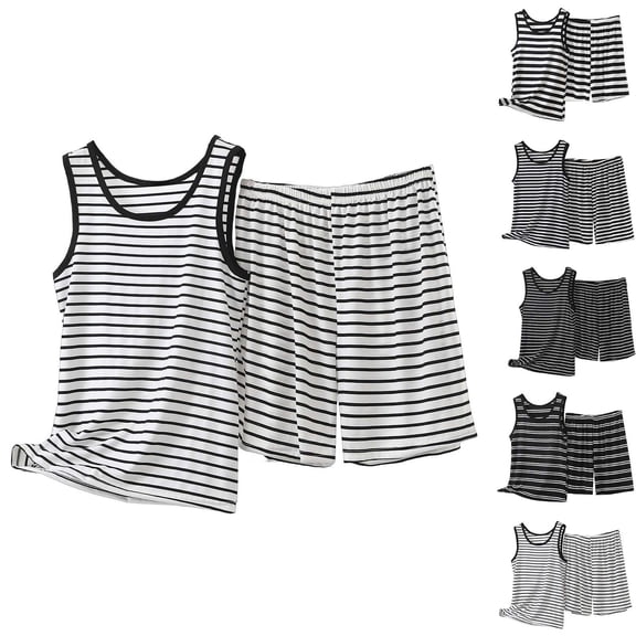 Bixock Workout Set for Women,2 Piece Set for Women Sleeveless Crew Neck Tank Top and Shorts Stripe Print Loungewear Set