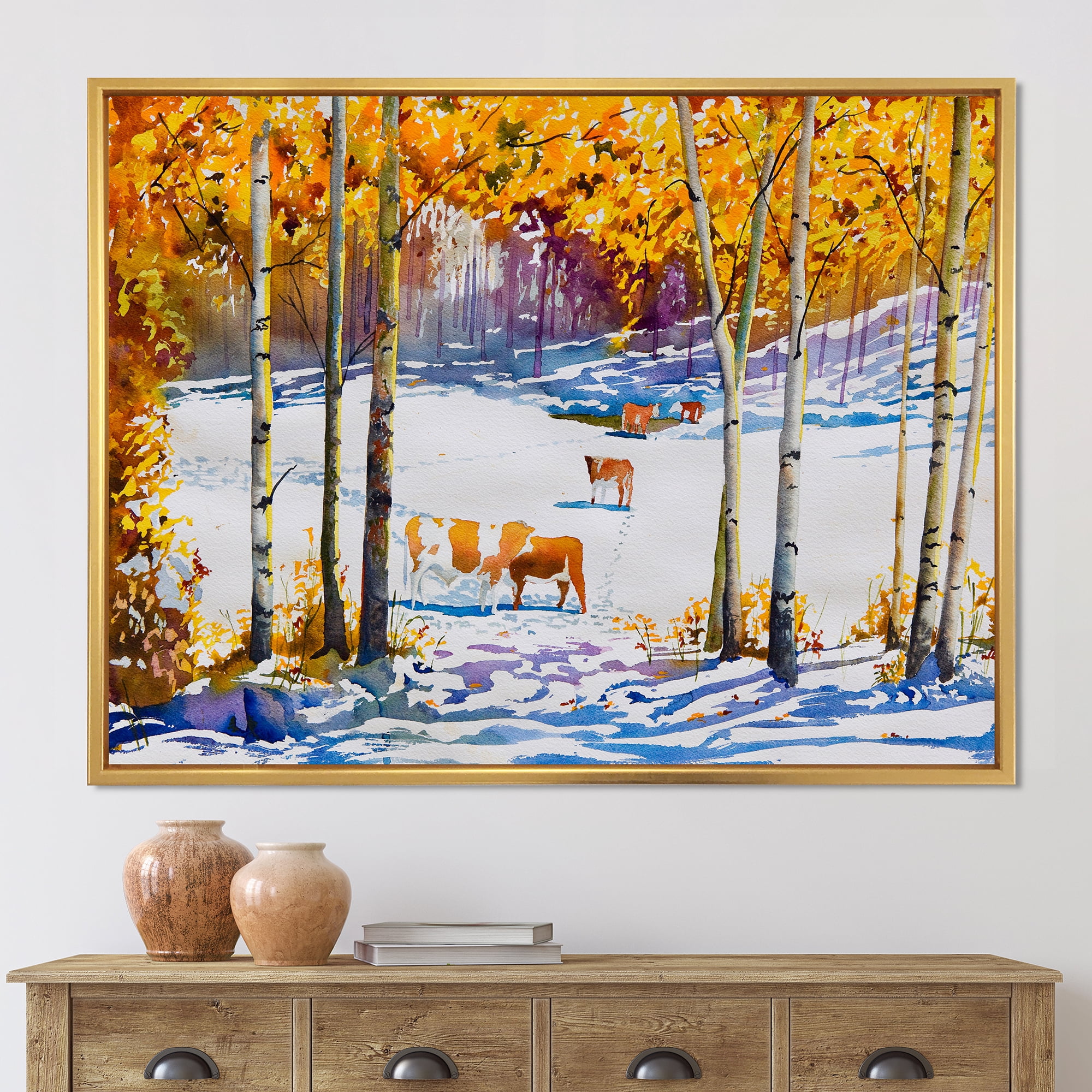 Designart 'Cattles In The Early Snow In The Tree Forest' Farmhouse Framed Canvas Wall Art Print
