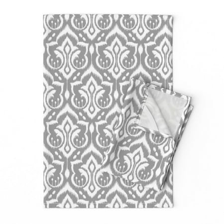 

Printed Tea Towel Linen Cotton Canvas - Ikat Damask Gray Home Silver Abstract Victorian Modern Geometric Print Decorative Kitchen Towel by Spoonflower