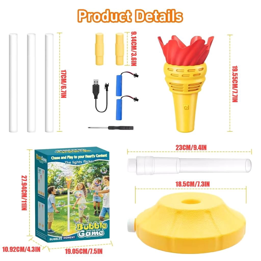 Light Up Music Bubble Machine With Sound Effects Torch Shape Bubble Blower with Rechargeable Design For Park Beach Game